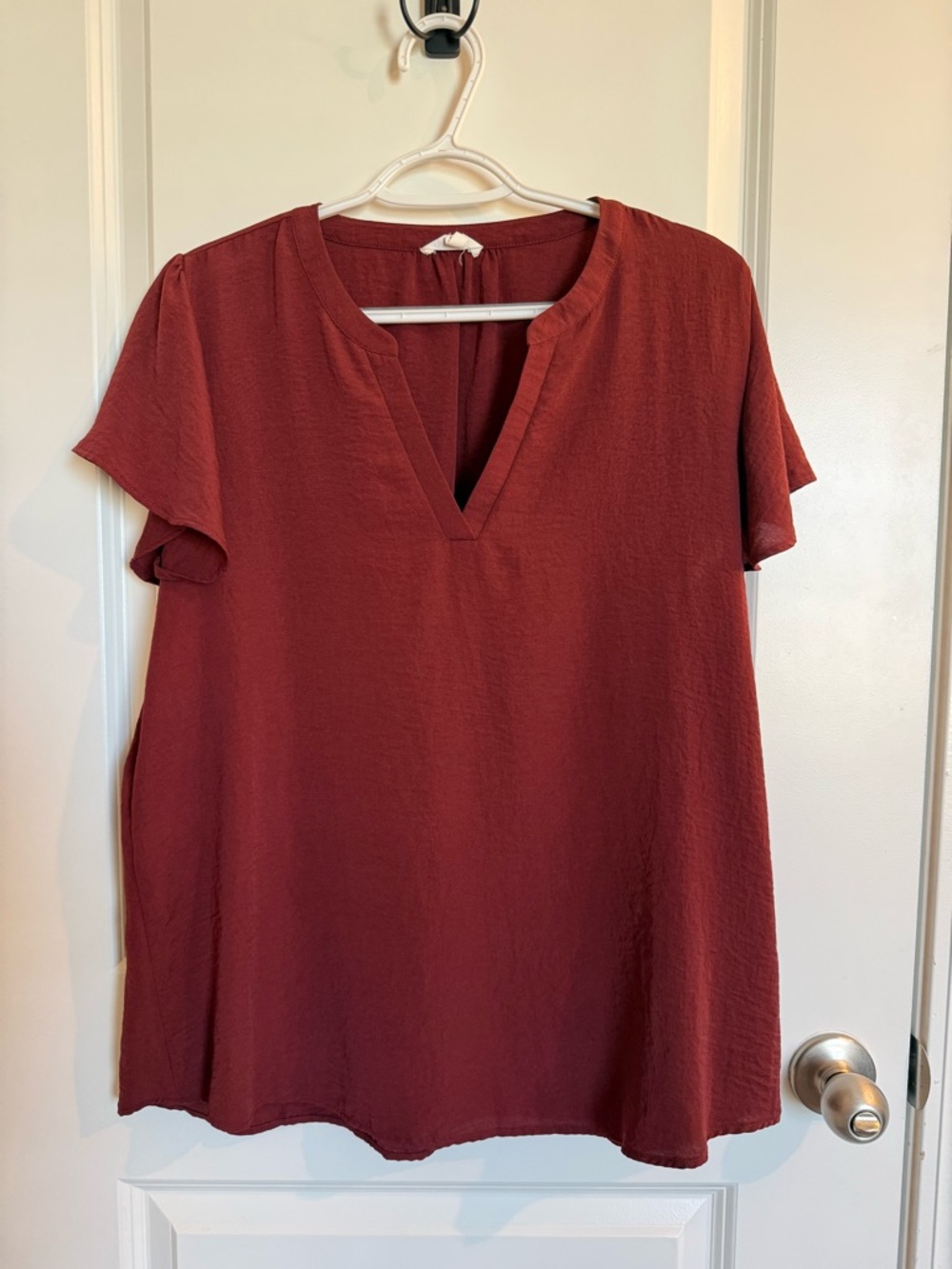 Maurices Deep Red Atwood Short Sleeve Split V-Neck Blouse